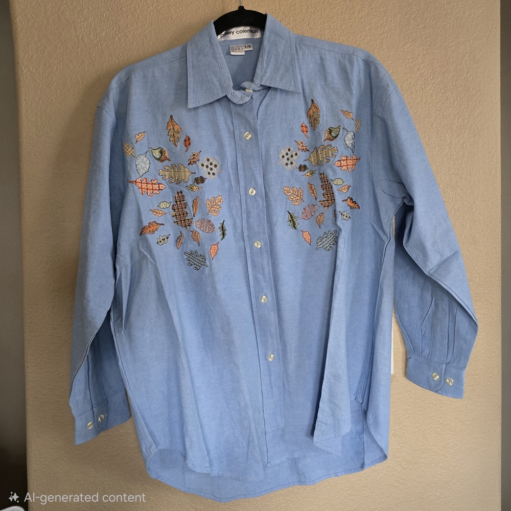 Casey Coleman Embroidered Leaf Button-Up Shirt Blue 100% Cotton S/M Fall Cottage